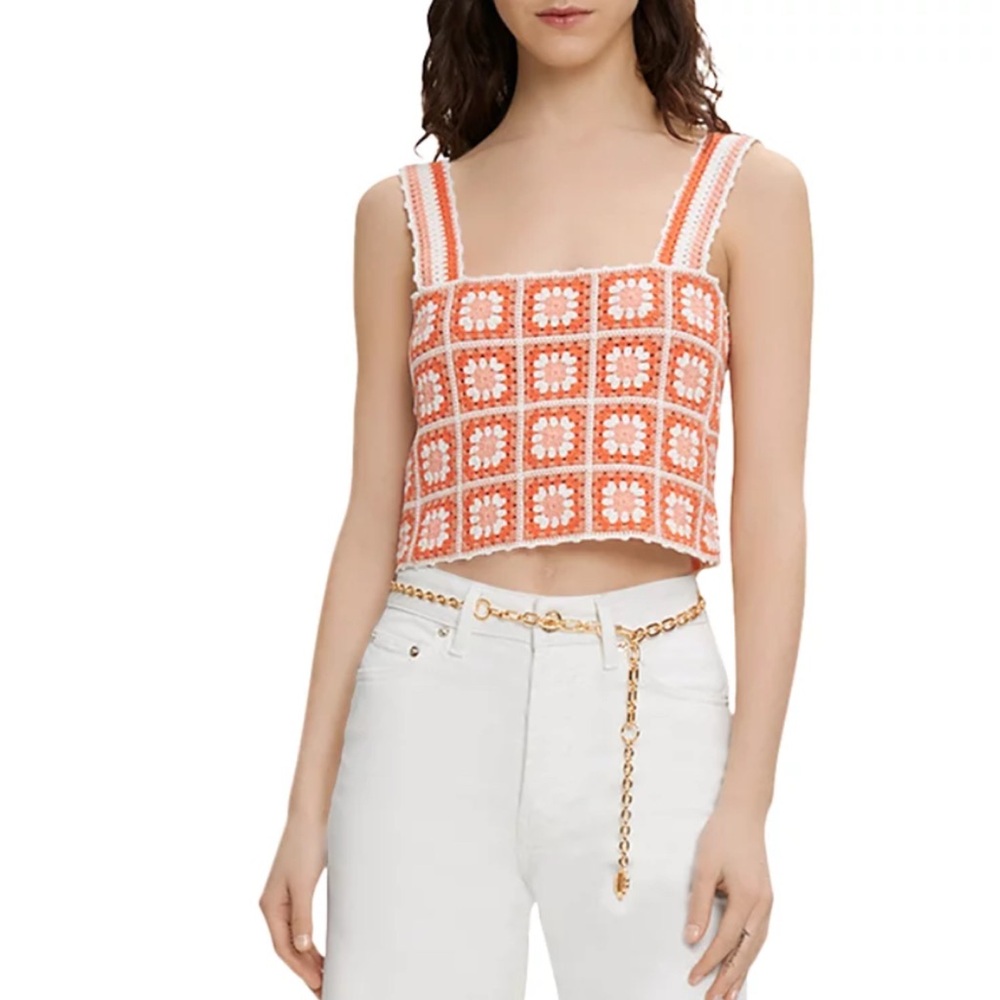 MAJE Matucaga Orange Granny Square Crochet Crop Top Size 3 (US‎ Large) NWT $235